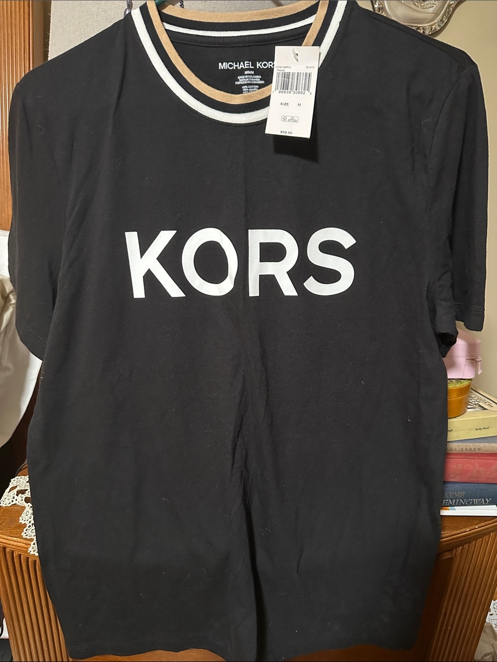 Michael Kors Black Tee with White KORS Logo and Striped Collar Size M